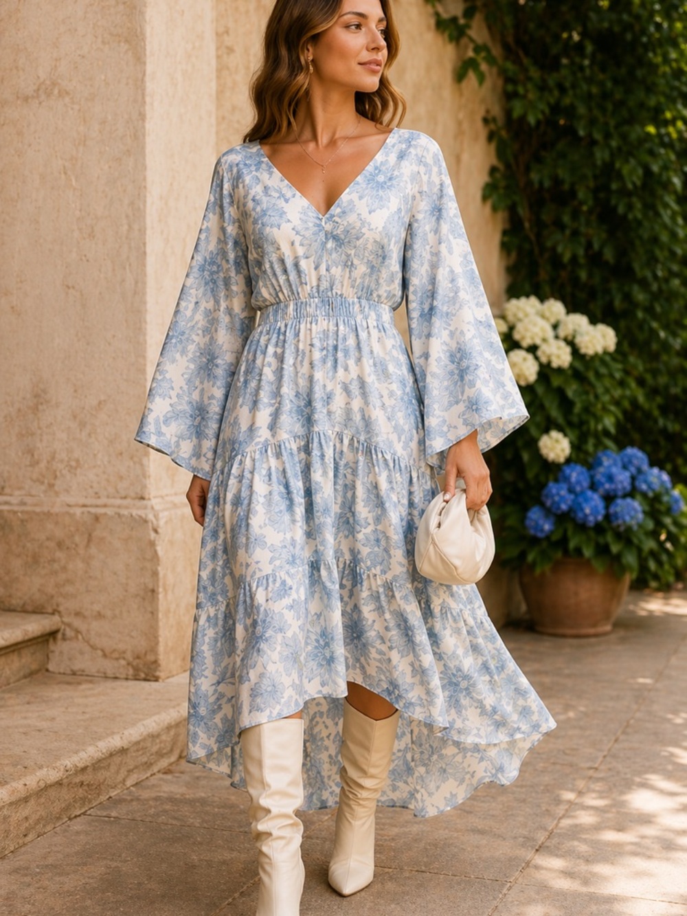 Vince blue floral ruffle tiered kimono sleeve open back midi dress size L NEW